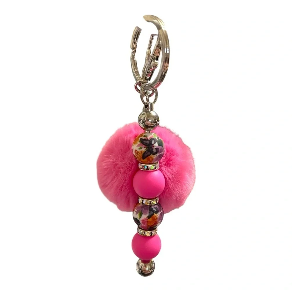 Pink & White Beaded Bracelet Keychain with Floral Accents